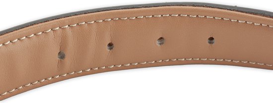 Binnenzijde van een lichtgrijze leren halsband met stiksels.