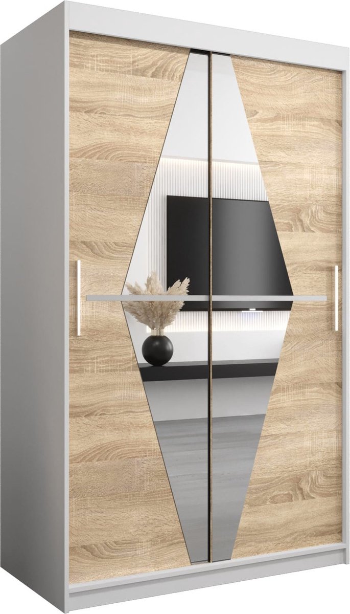 InspireME Kledingkast met 2 schuifdeuren, Modern-stijl, Een kledingkast met planken en een spiegel (BxHxD): 120x200x62 - BOLA 120 Wit Mat + Sonoma Eik