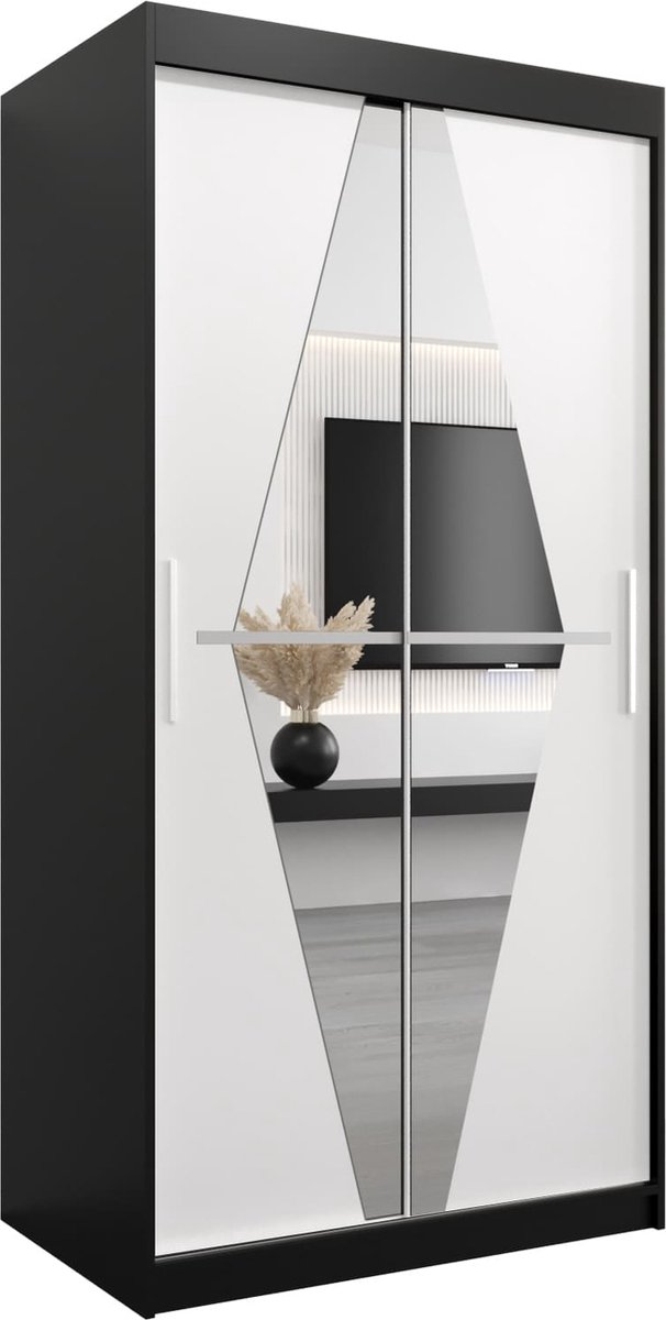 InspireME Kledingkast met 2 schuifdeuren, Modern-stijl, Een kledingkast met planken en een spiegel (BxHxD): 100x200x62 - BOLA 100 Zwart Mat + Wit Mat