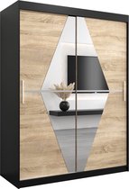 InspireMe - Kledingkast met 2 schuifdeuren, Modern-stijl, Een kledingkast met planken en een spiegel (BxHxD): 150x200x62 - BOLA 150 Zwart Mat + Sonoma Eik