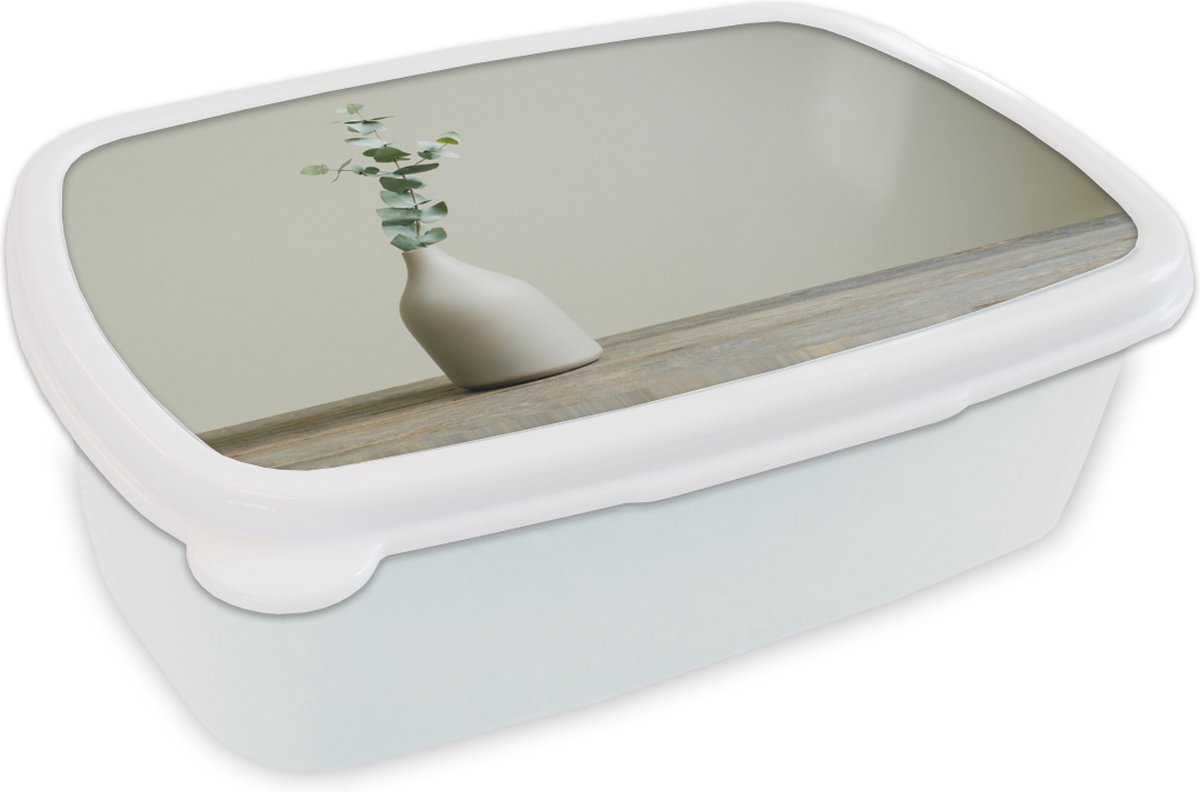 Broodtrommel Wit - Lunchbox - Brooddoos - Eucalyptus - Stilleven - Vaas - 18x12x6 cm - Volwassenen