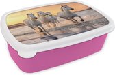 Broodtrommel Roze - Lunchbox Paarden - Zon - Zee - Strand - Dieren - Brooddoos 18x12x6 cm - Brood lunch box - Broodtrommels voor kinderen en volwassenen
