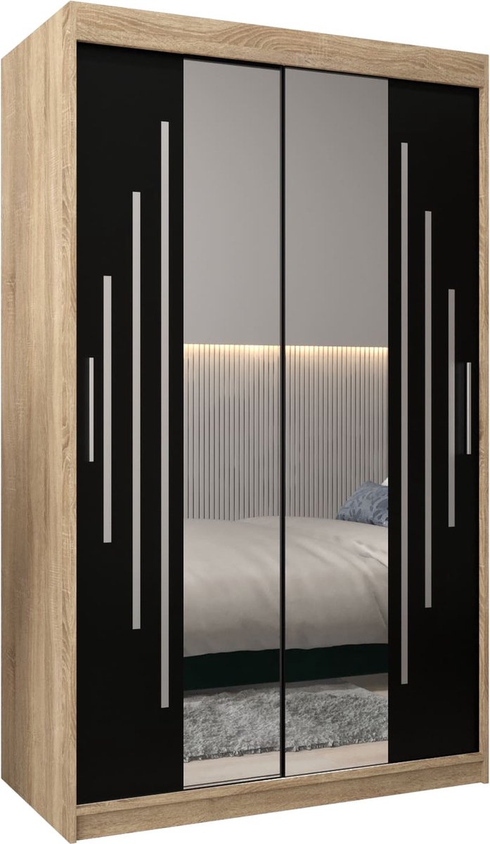 InspireME Kledingkast met 2 schuifdeuren, Modern-stijl, Een kledingkast met planken en een spiegel (BxHxD): 120x200x62 - MALTESE I 120 Sonoma Eik + Zwart Mat