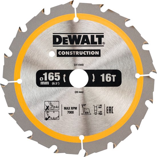 Lame de scie circulaire 165x20x16d, dents alternées, positif 24°, encoche 1,6mm - DT1948-QZ