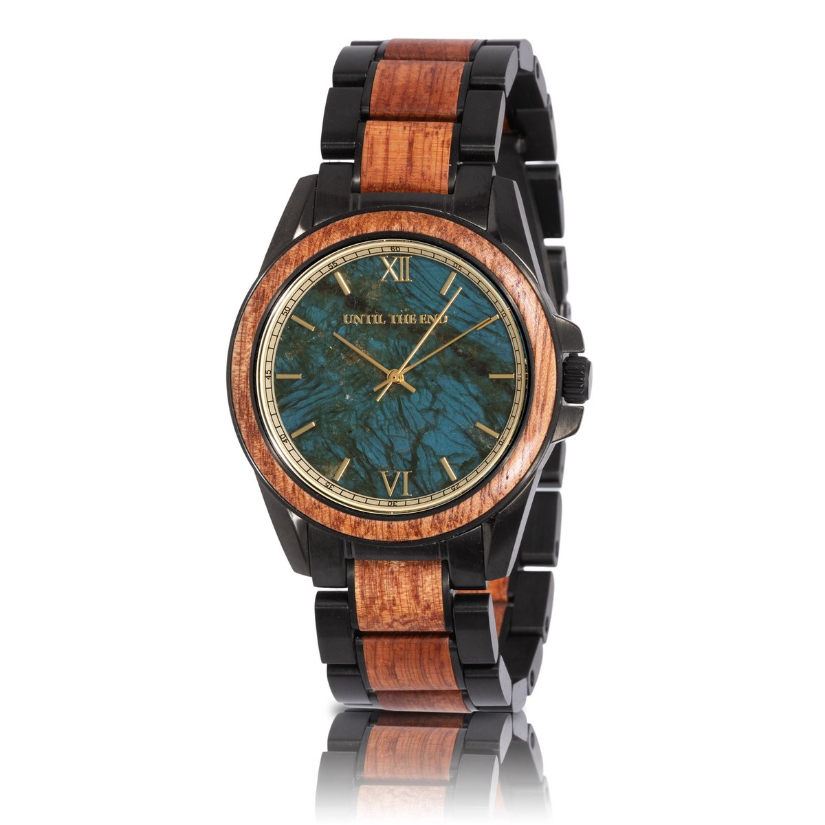 HOTTOT | Polaris - Houten horloge heren - 42 mm - Zwitsers uurwerk - Labradoriet steen - Rozenhout - Zwart RVS - Goud