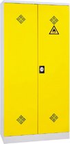Chemicalienkast, fytokast. Kleur grijs met gele deuren. 195 x 90 x 42 met 4 baklegborden