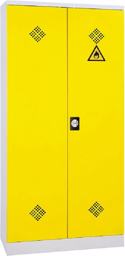 Grijze kast met twee gesloten gele deuren, met symbool brandgevaar en ruitvormige perforaties.