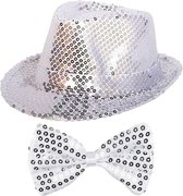 Toppers in concert - Faram Verkleedkleding set zilveren hoed en strikje glitter volwassenen