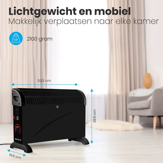 Zwarte convector kachel met afmetingen 53,5 x 38,5 x 19,6 cm en een gewicht van 2100 gram.