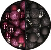 Kerstballen 34x st - 3 cm - aubergine paars en zwart - kunststof