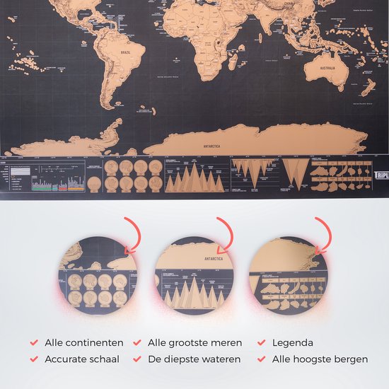 Triple J - Carte du Wereldkaart à Scratch - Carte du monde à gratter - Zwart