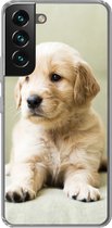 Geschikt voor Samsung Galaxy S22 hoesje - Golden Retriever puppy liggend op de bank - Siliconen Telefoonhoesje