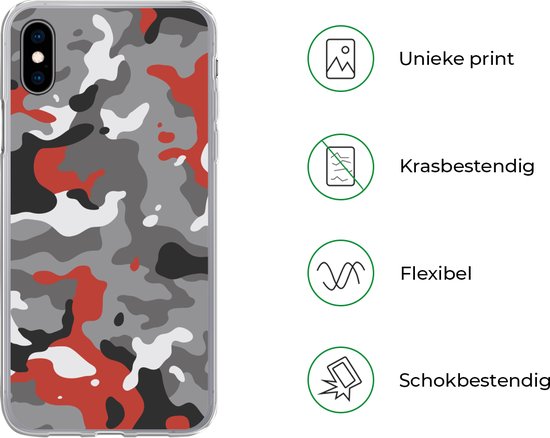 Telefoonhoesje Geschikt voor iPhone Xs Max hoesje - Camouflage patroon met rode accenten - Siliconen Telefoonhoesje - Verjaardag cadeau tiener