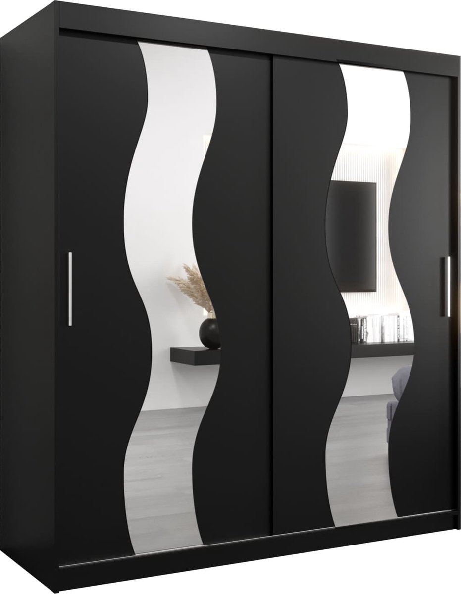 InspireME Kledingkast met 2 schuifdeuren, Modern-stijl, Een kledingkast met planken en een spiegel (BxHxD): 180x200x62 - REESE 180 Zwart Mat met 4 lades