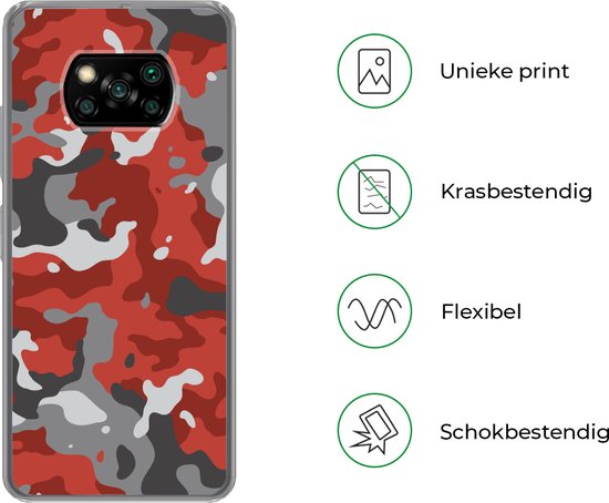 Xiaomi Poco X3 Pro - Rouge avec motif camouflage gris - Coque de téléphone en Siliconen