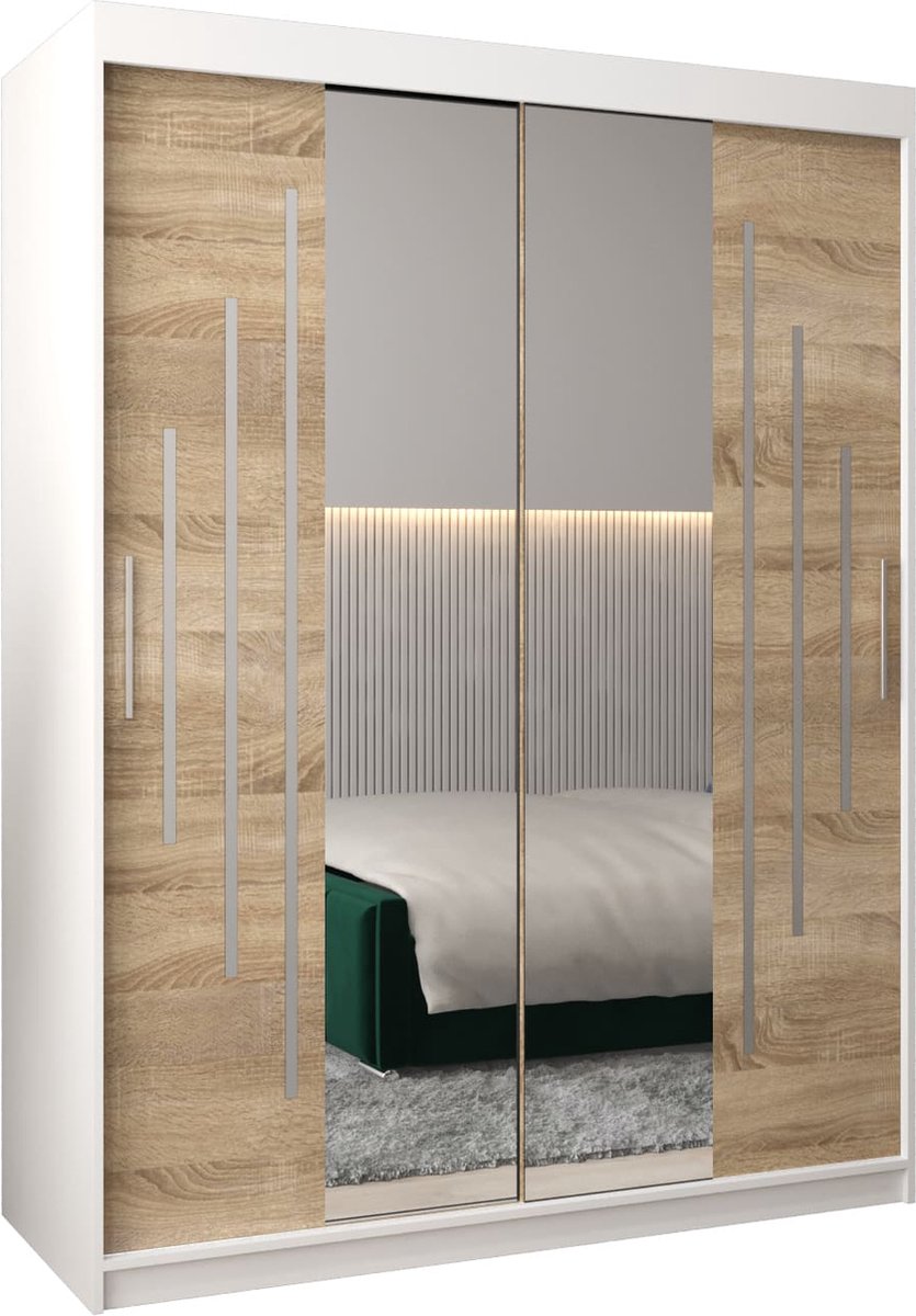 InspireME Kledingkast met 2 schuifdeuren, Modern-stijl, Een kledingkast met planken en een spiegel (BxHxD): 150x200x62 - MALTESE I 150 Wit Mat + Sonoma Eik met 2 lades