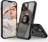 Hoesje Geschikt voor iPhone 14 hoesje Luxe carbon cover case - Hoesje Geschikt voor iPhone 14 case met Metalen Ring houder - Zwart