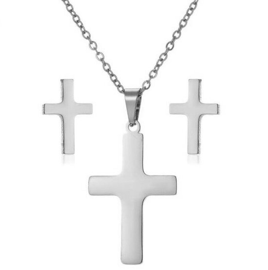 Joboly Ketting en Oorbel Set Kruis Geloof God - Zilverkleurig - 45cm