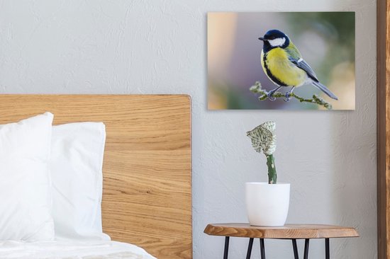 Toile - Peinture - Mésange charbonnière - Vogel - Branche - Mousse - Impression sur toile - Chambre à coucher - 30x20 cm - Intérieur - Décoration murale