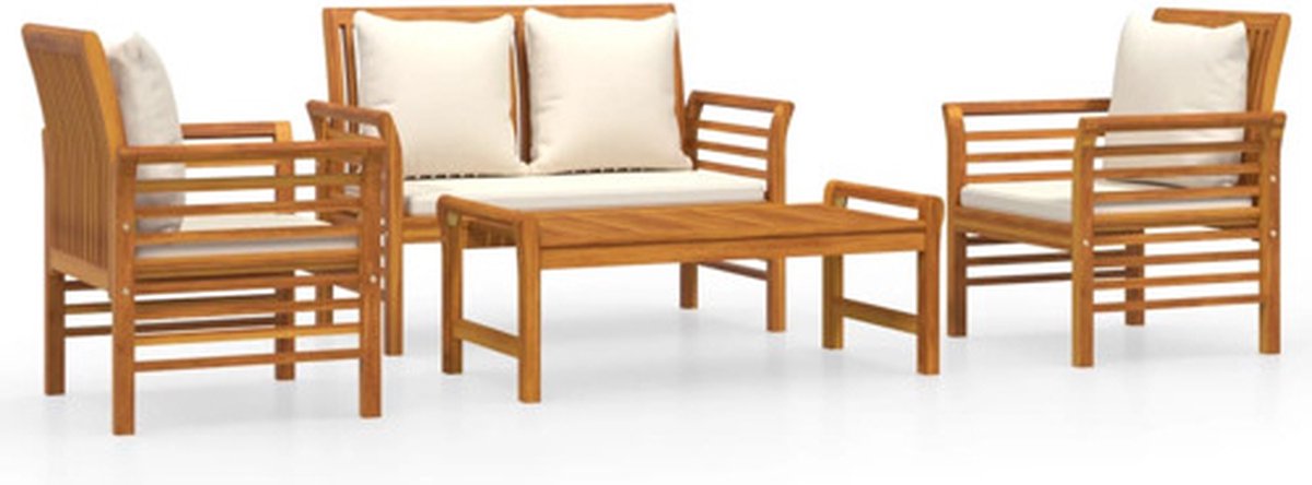 vidaXL 4-delige - Loungeset - met - kussens - massief - acaciahout Crèmewit