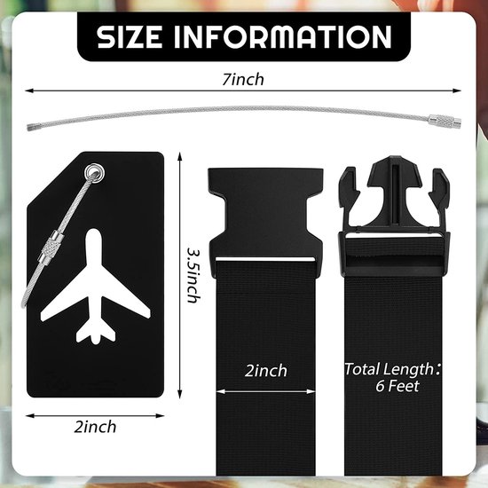 BOTC Kofferriem met Kofferlabel - 4-Delig - 2 Kofferband en 2 Bagagelabel - bagageriemen - Bagageband - Verstelbaar - Zwart