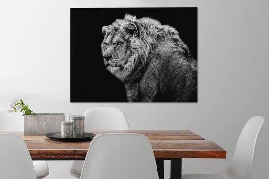 Tableau sur toile - Animaux sauvages - Lion - Zwart - Wit - Décoration murale - Toile - 80x60 cm - Toile canvas - Salon