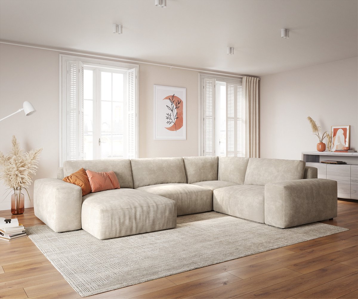 DELIFE Woonlandschap Lanzo XL Corduroy Beige 360x260 cm Recamiere variabel