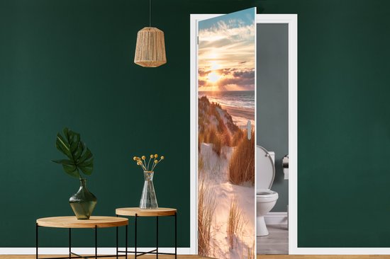 Sticker pour porte Dune - Plantes - Coucher de soleil - Plage - Mer - 85x215 cm - Affiche de porte