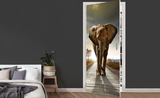 Sticker pour porte Éléphant - Route - Animaux - Coucher de soleil - Paysage - 80x205 cm - Affiche de porte
