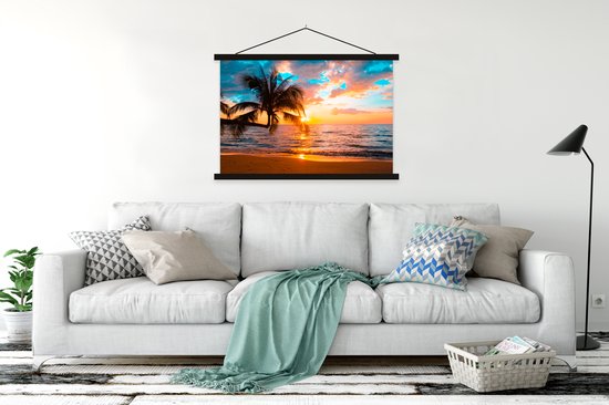 Porte-affiche avec affiche - Affiche scolaire - Palmier - Coucher de soleil - Horizon - Plage - Mer - Tropical - 150x100 cm - Lattes noires