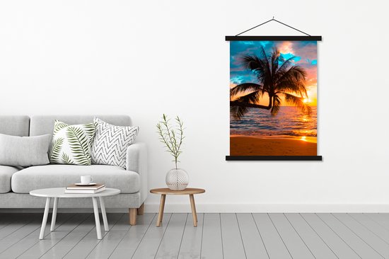 Porte-affiche avec affiche - Affiche scolaire - Palmier - Coucher de soleil - Horizon - Plage - Mer - Tropical - 120x160 cm - Lattes noires