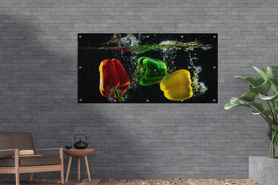 Affiche clôture Paprika - Légumes - Water - Zwart - Rouge - Vert - Jaune - 200x100 cm - Toile de jardin