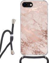 Hoesje met koord Geschikt voor iPhone 7 - Marmer print - Roze - Luxe - Marmer printlook - Glitter - Design - Siliconen - Crossbody - Backcover met Koord - Telefoonhoesje met koord - Hoesje met touw