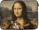 Laptophoes 17 inch - Mona Lisa - Kat - Leonardo da Vinci - Vintage - Kunstwerk - Oude meesters - Schilderij - Laptop sleeve - Binnenmaat 42,5x30 cm - Zwarte achterkant
