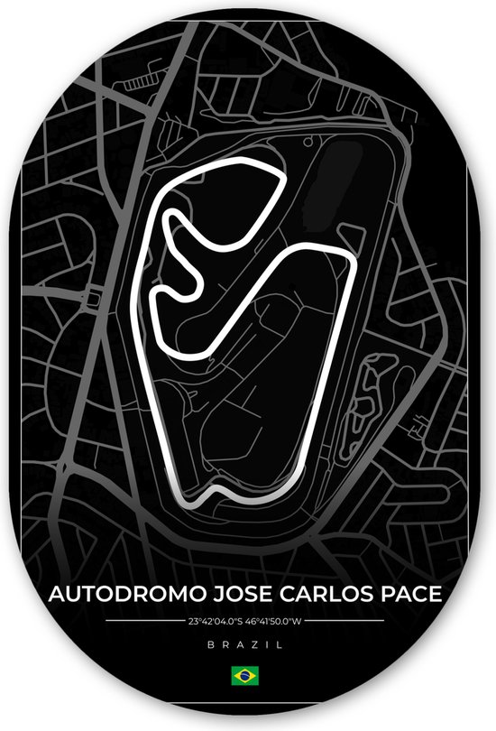 Muurovaal - Wandovaal - Kunststof Wanddecoratie - Ovalen Schilderij - Racebaan - Brazilië - Circuit - Formule 1 - Autódromo José Carlos Pace - Zwart - 60x90 cm - Ovale spiegel vorm op kunststof