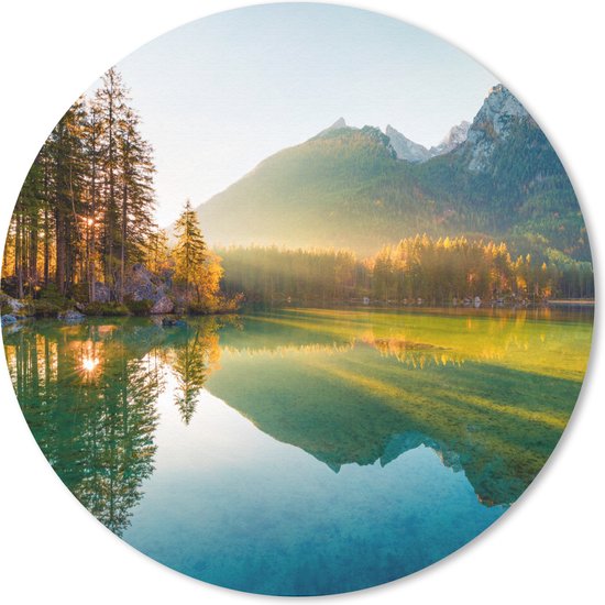 Foto: Muismat mousepad rond meer bos bergen natuur zon landschap 20x20 cm ronde muismat