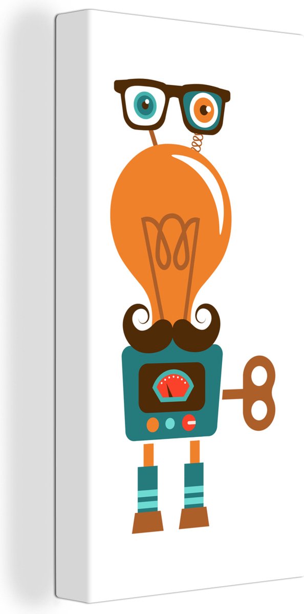 Canvas schilderij 40x80 cm - Wanddecoratie Robot - Bril - Gloeilamp - Snor - Kinderen - Jo