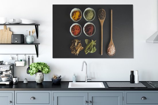 Peinture sur toile Louche - Épices - Herbes - Vert - Marron - Rustique - 140x90 cm - Décoration murale