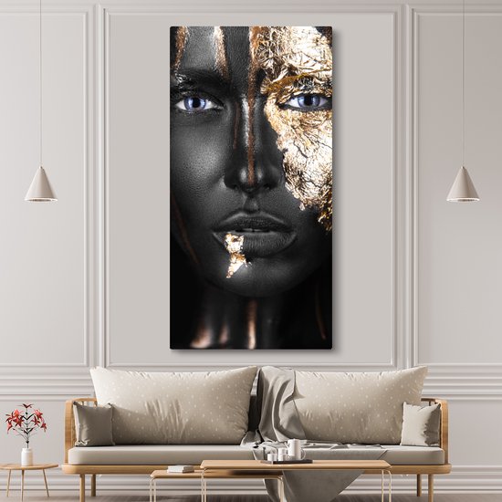 Toile Peinture Femme - Feuille d'Or - Zwart - Or - Luxe - 80x160 cm - Décoration murale