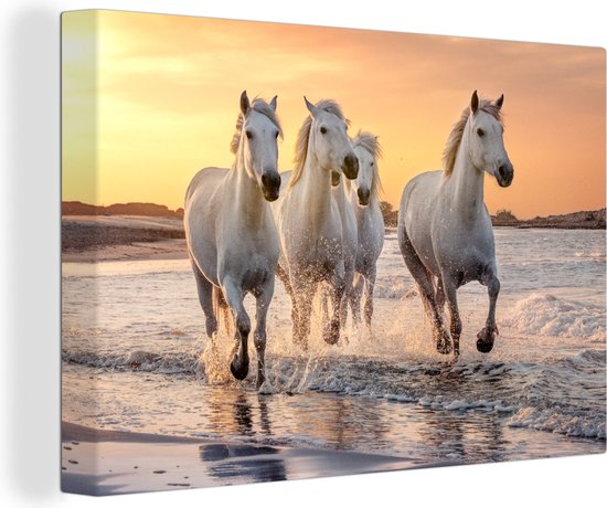 Canvas Schilderij Paarden - Zon - Zee - Strand - Dieren - 120x80 cm - Wanddecoratie