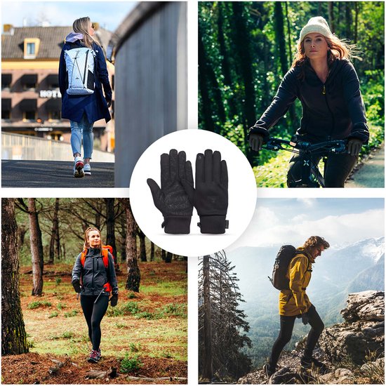 Collage van mensen die Nomad handschoenen dragen tijdens buitenactiviteiten: wandelen, fietsen, klimmen.