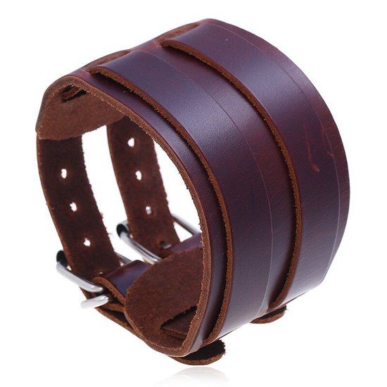 Armband Heren - Breed Bruin Leer met Dubbele Gesp - Leren Armbanden - Cadeau voor Man - Mannen Cadeautjes