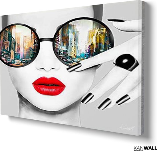 Luxe Canvas Schilderij Sunglasses and Red Lips | 100x150 | Woonkamer | Slaapkamer | Kantoor | Muziek | Design | Art | Modern | ** 2CM DIK! **