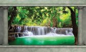 Fotobehang - Vlies Behang - 3D Magische Waterval in de Jungle Raamzicht - 312 x 219 cm