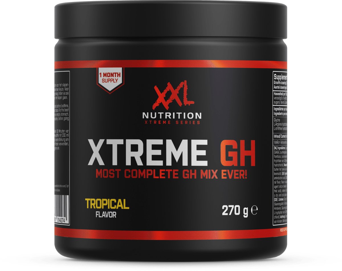 XXL Nutrition - Xtreme GH - All-in-one GH Boostende Formule - L-Glycine, L-Arginine HCL, GABA, L-Ornithine, Zink & Ashwaganda - Supplement - Tropical - 270 gram