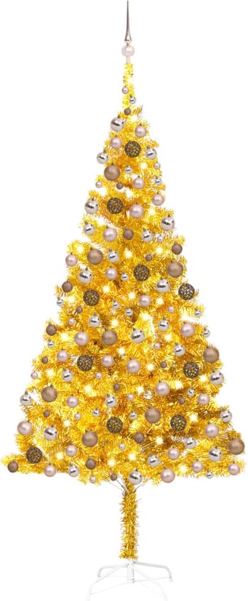 Prolenta Premium - Kunstkerstboom met LED's en kerstballen 240 cm PET goudkleurig