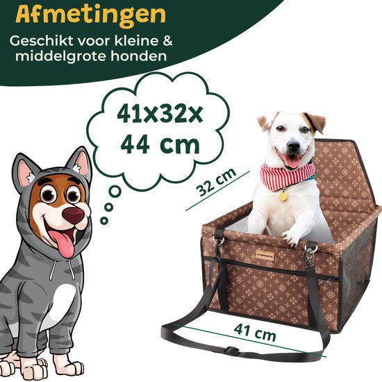 Bruine hondenautostoel met een all-over patroon, afmetingen 41x32x44 cm, voor kleine tot middelgrote honden.