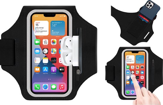 Collage van zwarte sportarmbanden met iPhone, AirPods en pasjes, en een hand die het scherm bedient.