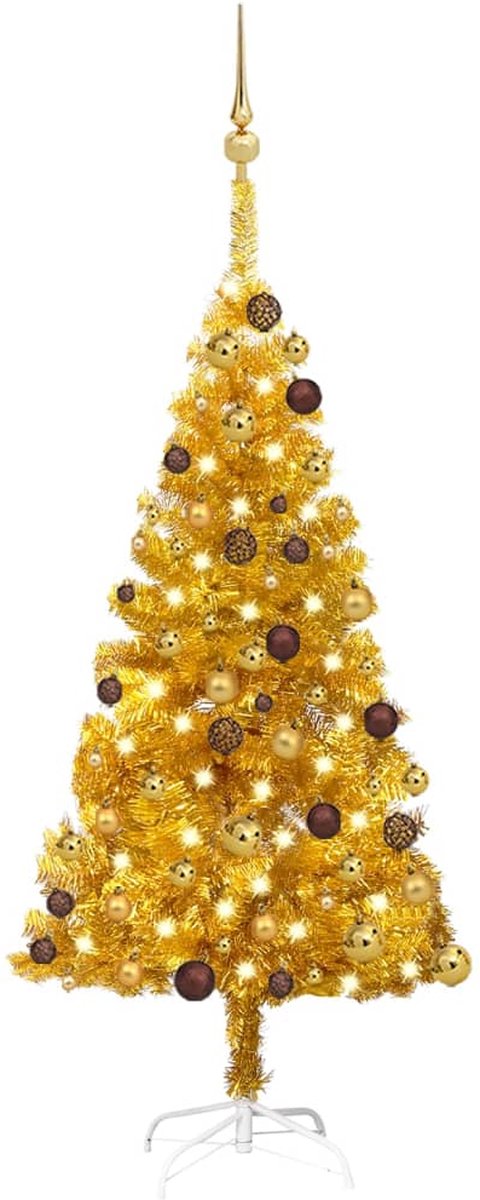 Prolenta Premium - Kunstkerstboom met LED's en kerstballen 120 cm PET goudkleurig