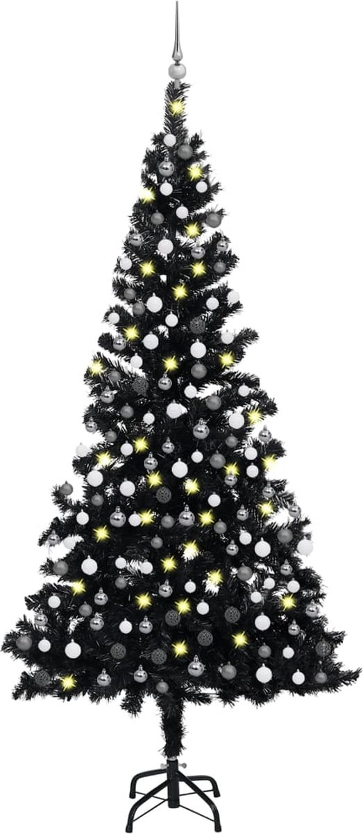 Prolenta Premium - Kunstkerstboom met LED's en kerstballen 210 cm PVC zwart